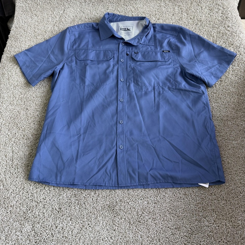 Eddie Bauer Shirt Mens Large Blue Solid Short Sleeve Button Up Outdoor Casual